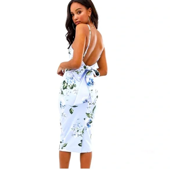 Light Blue Floral Midi Tie Back Dress